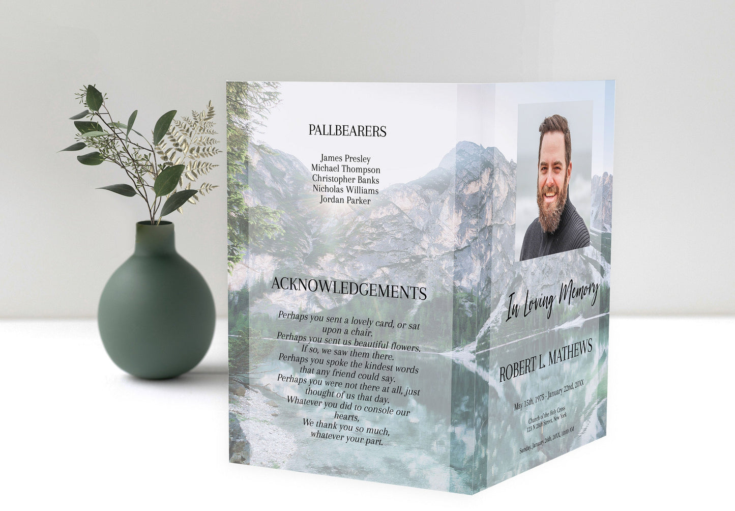 8 Page Funeral Program With Mountain Lake Scenery - lovingmemoryprints