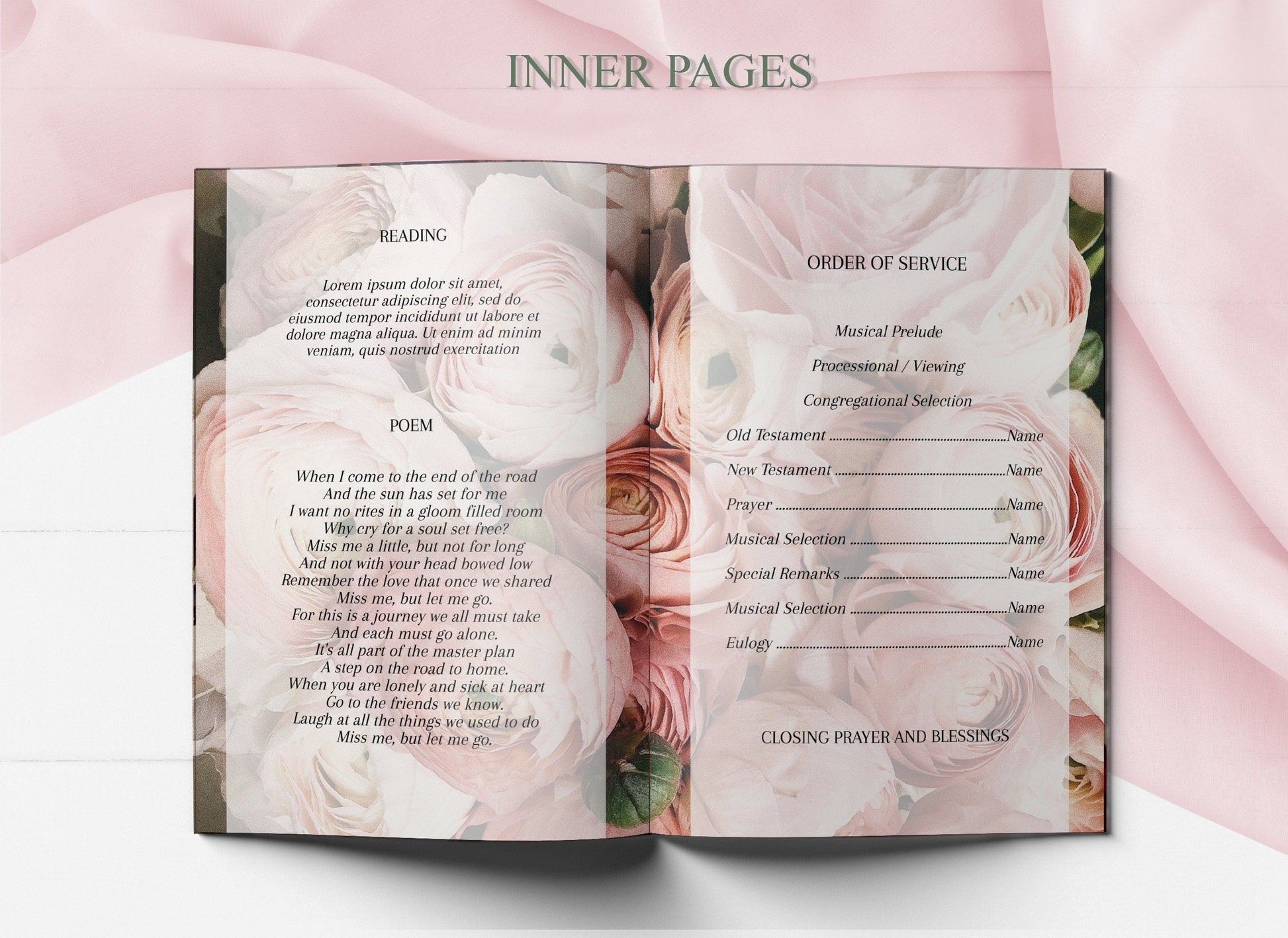8 Page Pink Roses Celebration of Life Program With Obituary Template - lovingmemoryprints