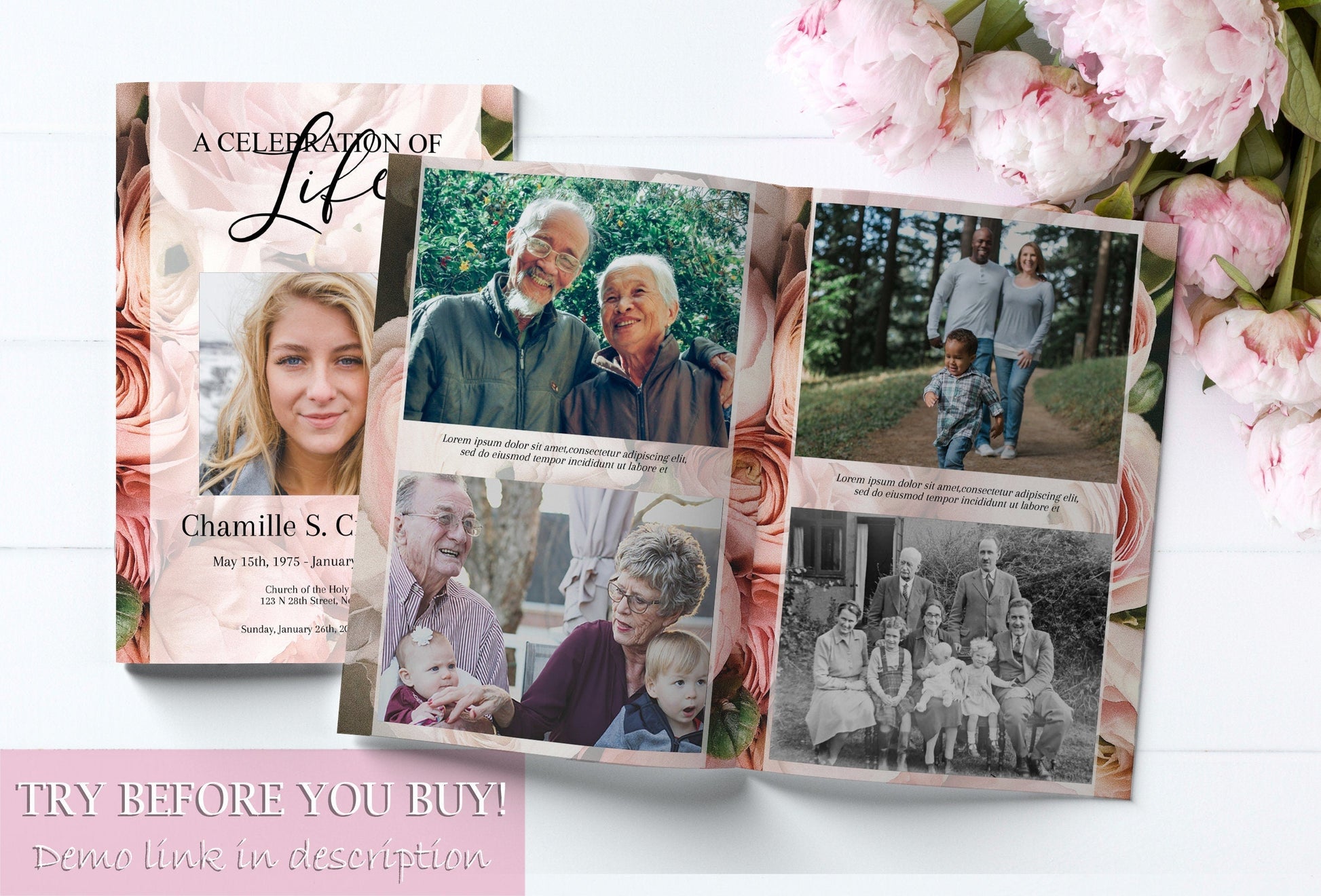 8 Page Pink Roses Celebration of Life Program With Obituary Template - lovingmemoryprints