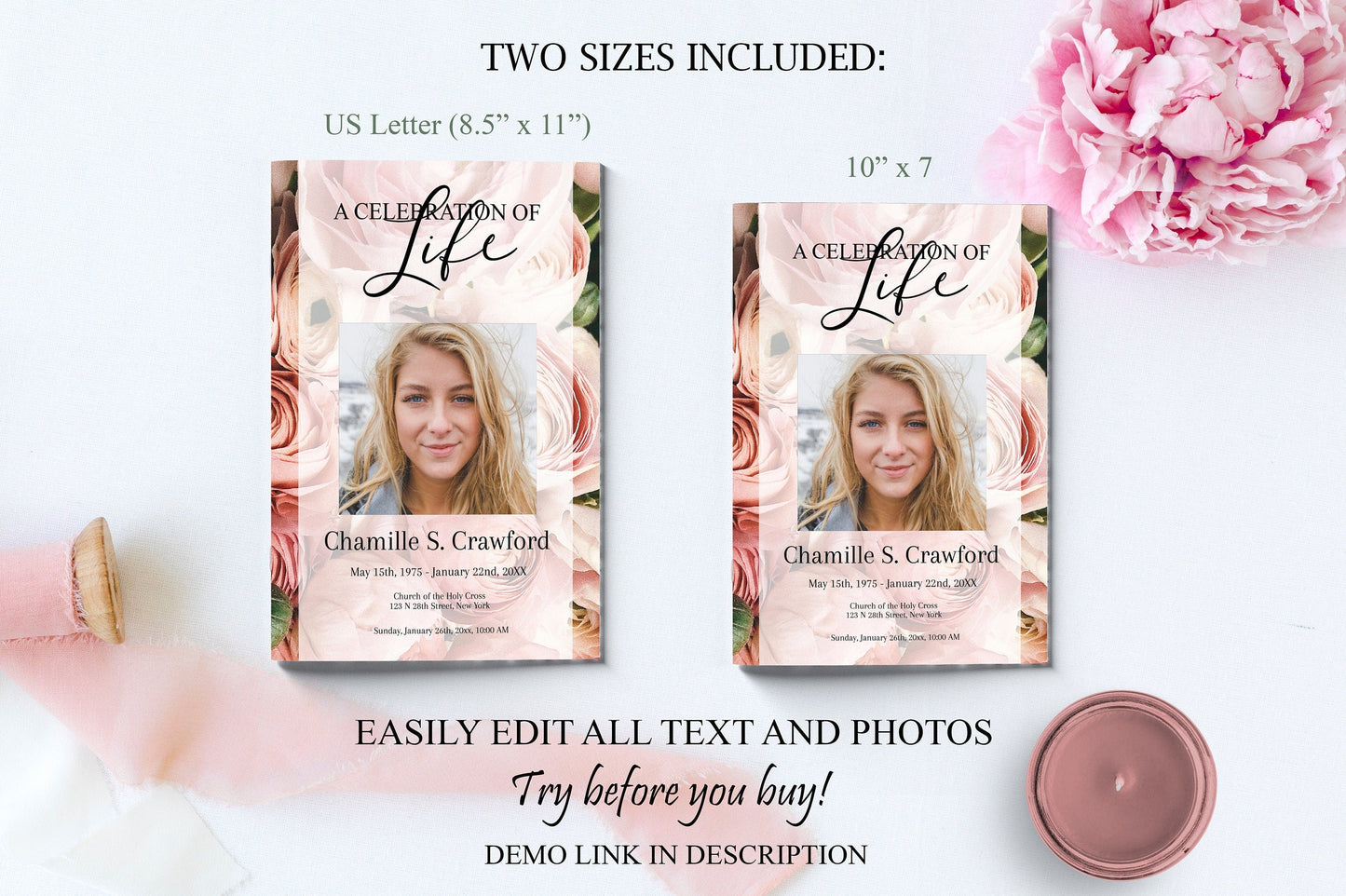 8 Page Pink Roses Celebration of Life Program With Obituary Template - lovingmemoryprints