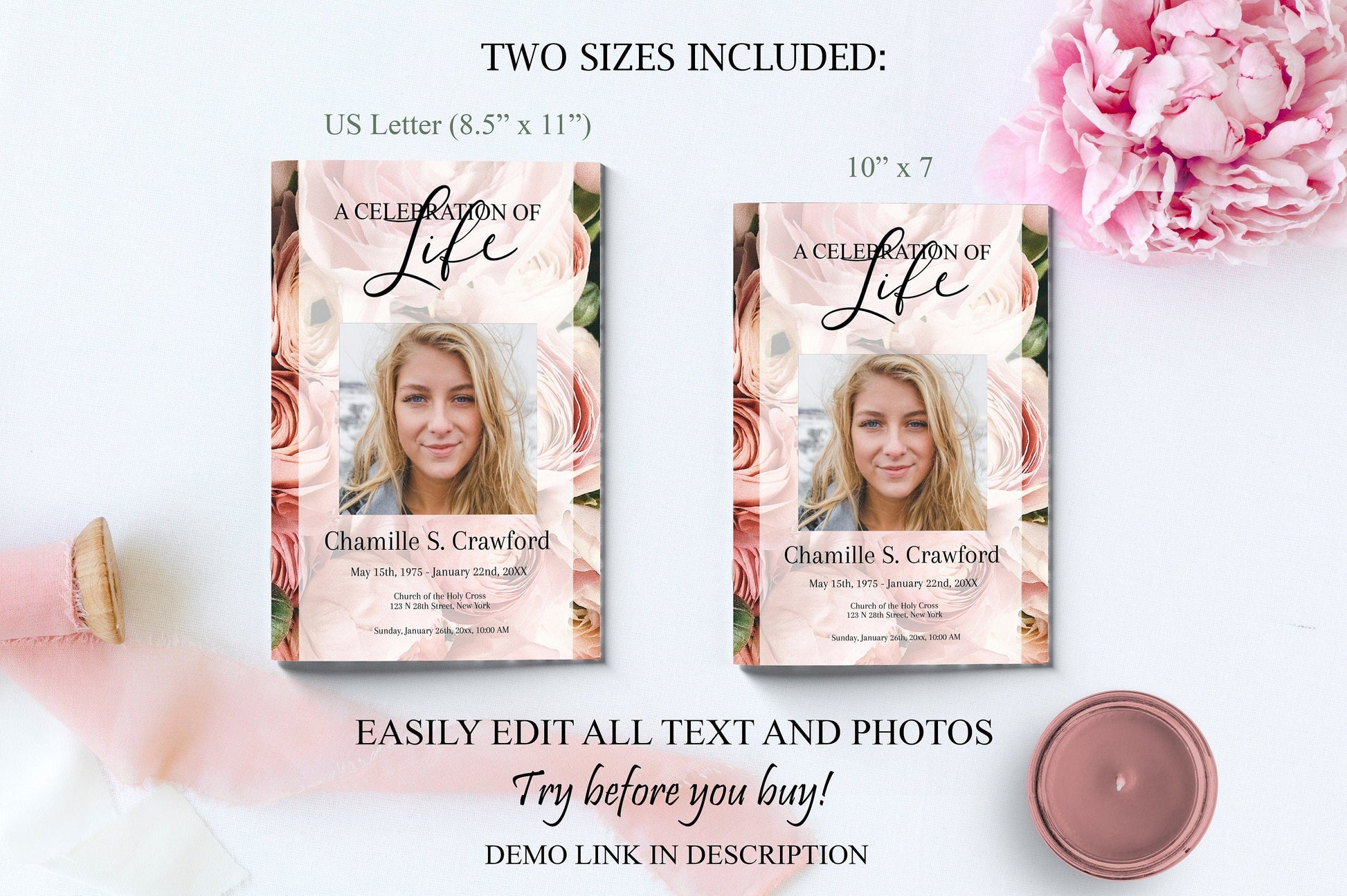 8 Page Pink Roses Celebration of Life Program With Obituary Template - lovingmemoryprints