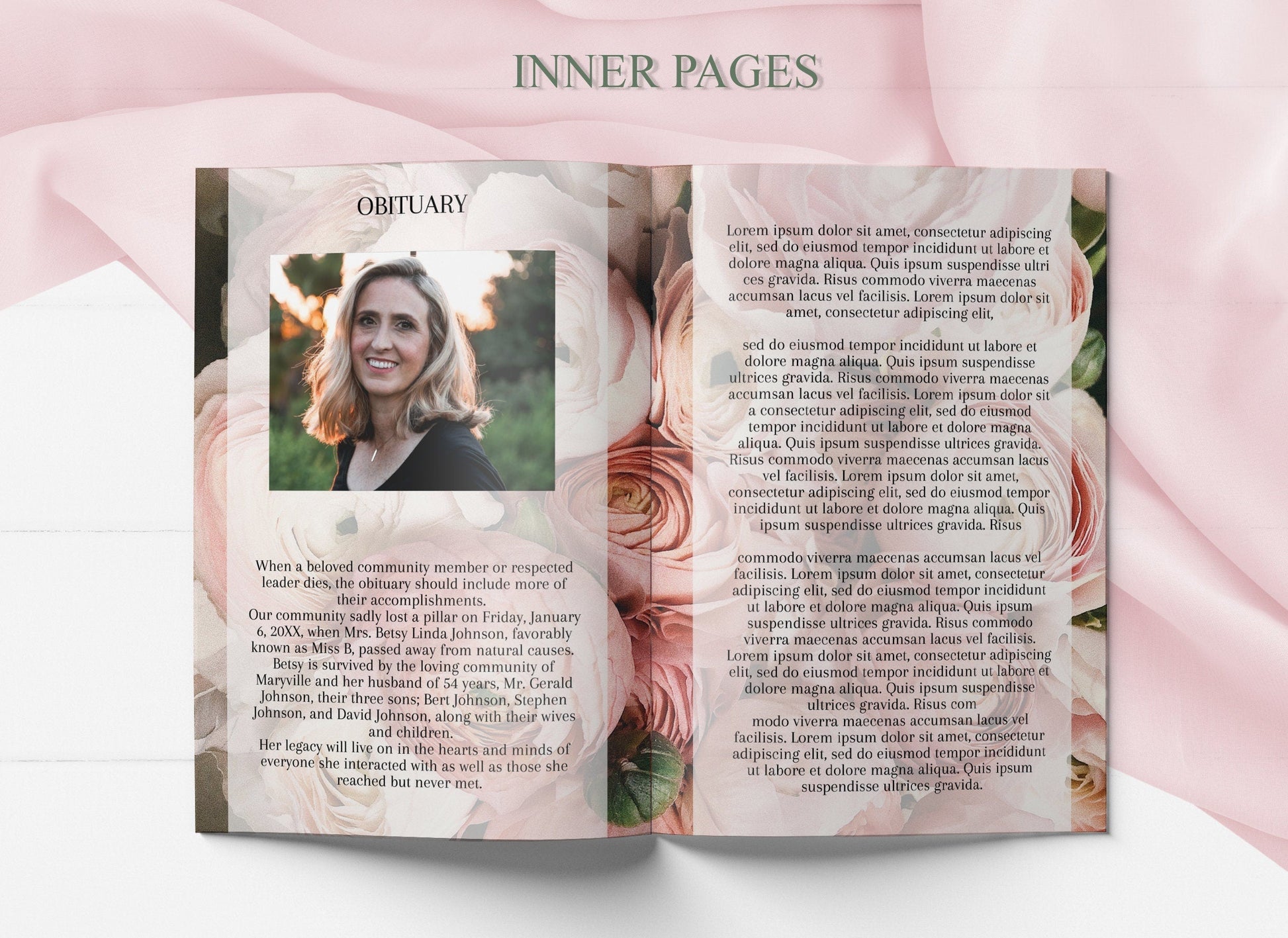 8 Page Pink Roses Celebration of Life Program With Obituary Template - lovingmemoryprints