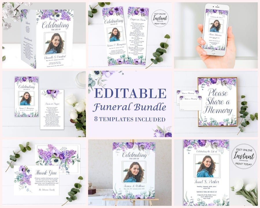 8 - Piece Lilac Funeral Template Bundle - lovingmemoryprints