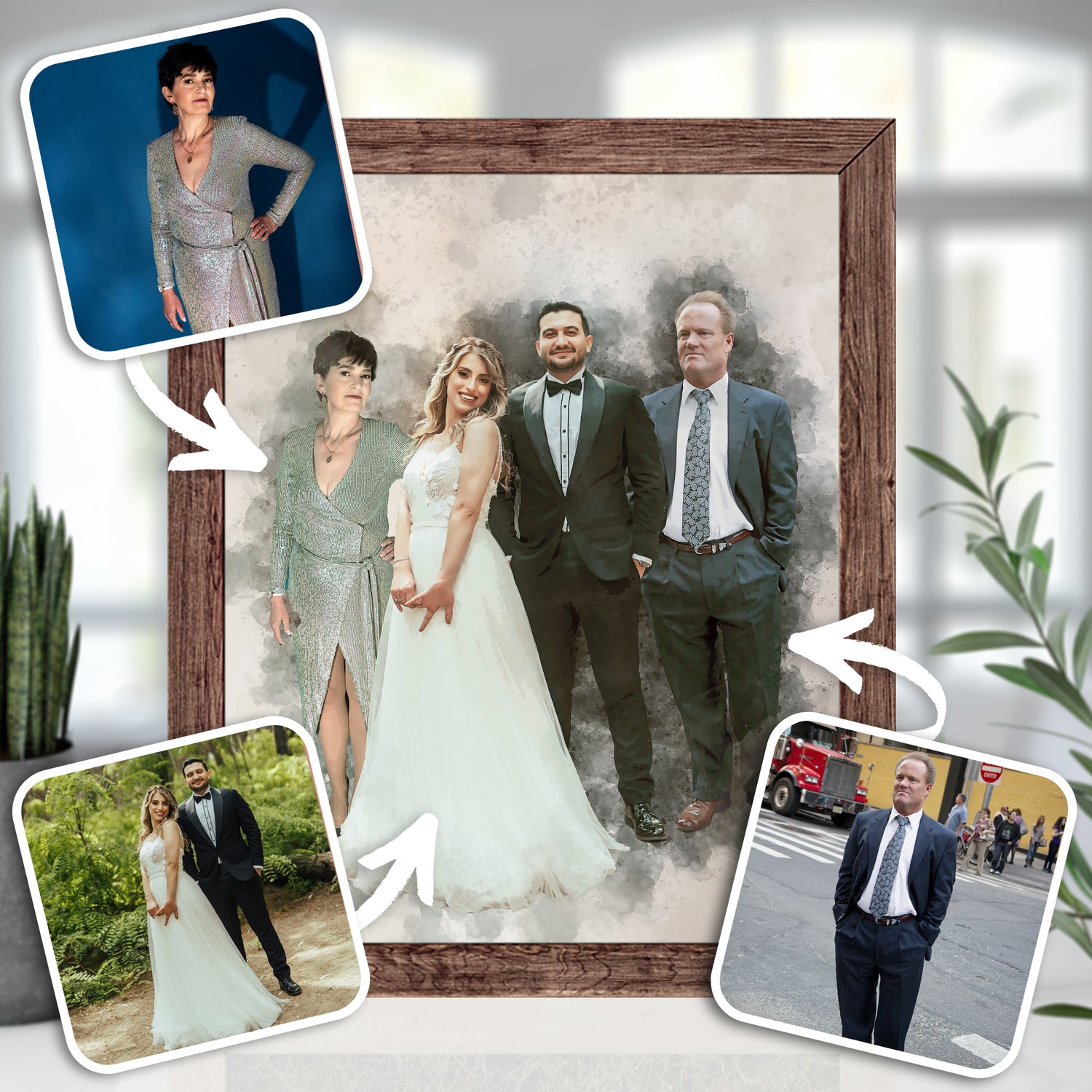 Custom family portrait water color adding missing family member to a portrait