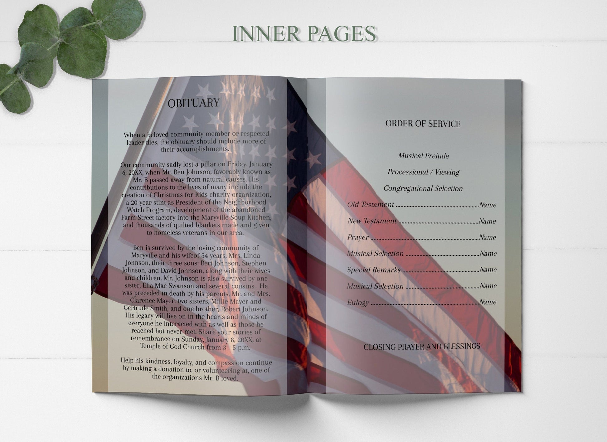American Flag Funeral Program Template | Obituary Template | Veteran Memorial Service Program | A114 - lovingmemoryprints