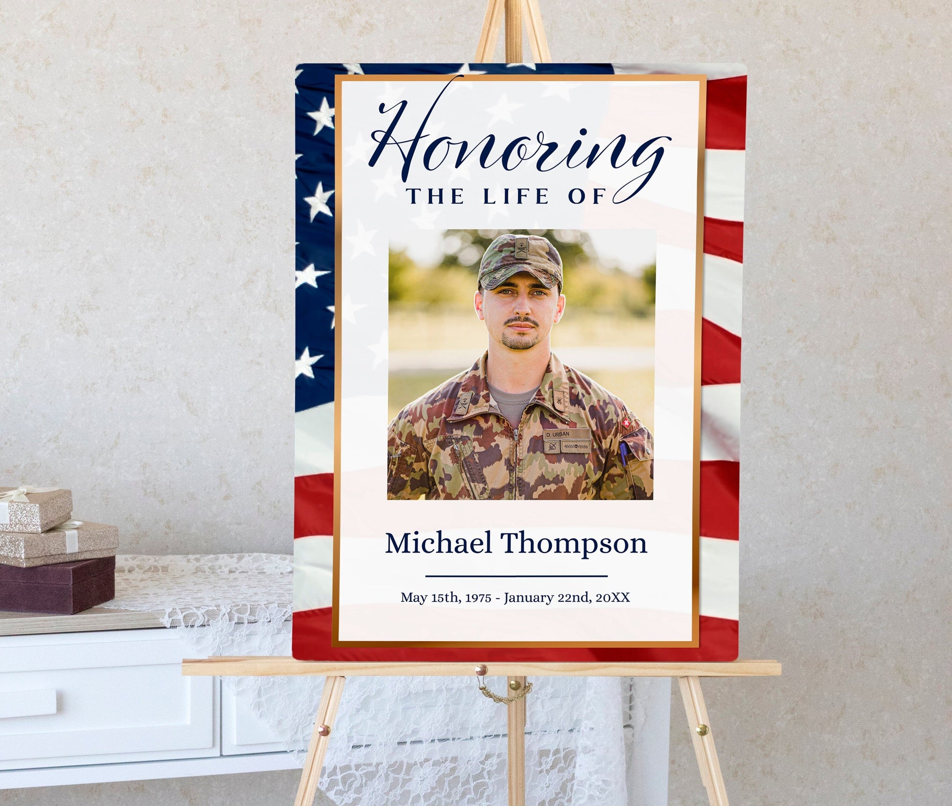 American Flag Funeral Welcome Sign | Military Funeral Poster Photo Sign | Celebration of Life Sign | Veteran Memorial Poster | B180 - lovingmemoryprints