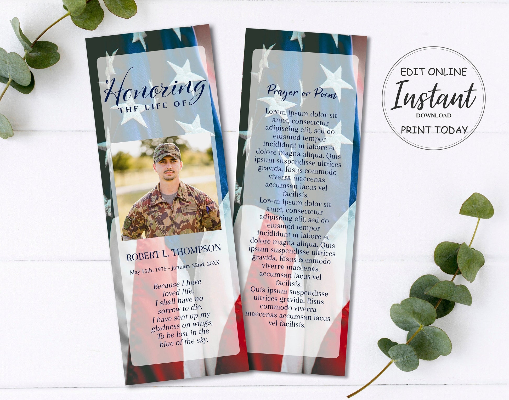 American Flag Theme Military Funeral Bookmark Templates - lovingmemoryprints