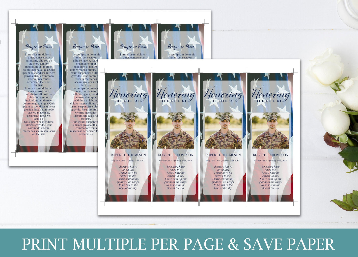 American Flag Theme Military Funeral Bookmark Templates - lovingmemoryprints