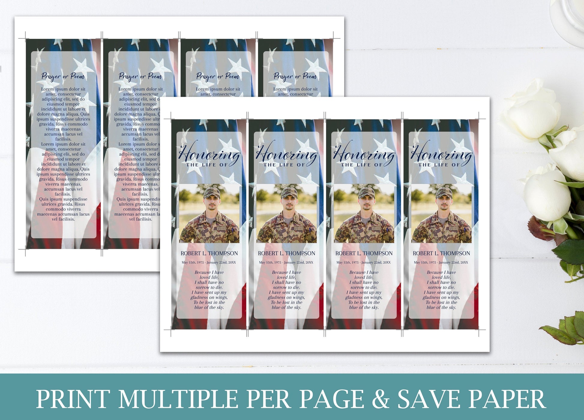 American Flag Theme Military Funeral Bookmark Templates - lovingmemoryprints