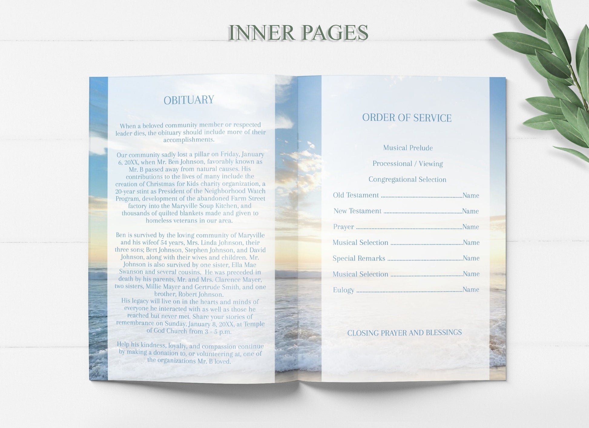 Beach / Ocean Theme Funeral Program Template - 8 Page - lovingmemoryprints