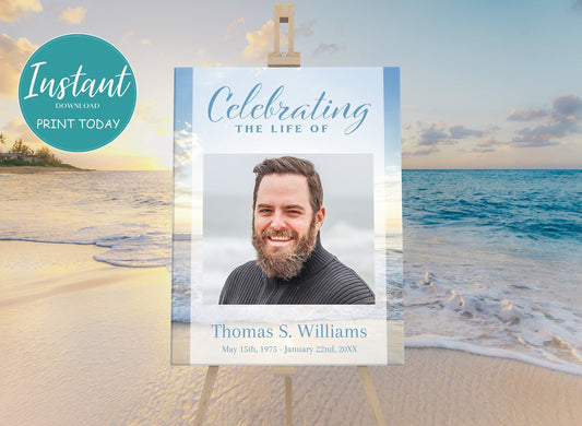 Beautiful Blue Ocean Sunset Scene Funeral Poster Template - lovingmemoryprints