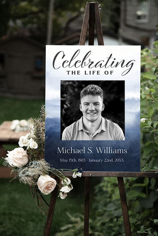 Beautiful Blue Watercolor Theme - Single Memorial Poster Template - lovingmemoryprints