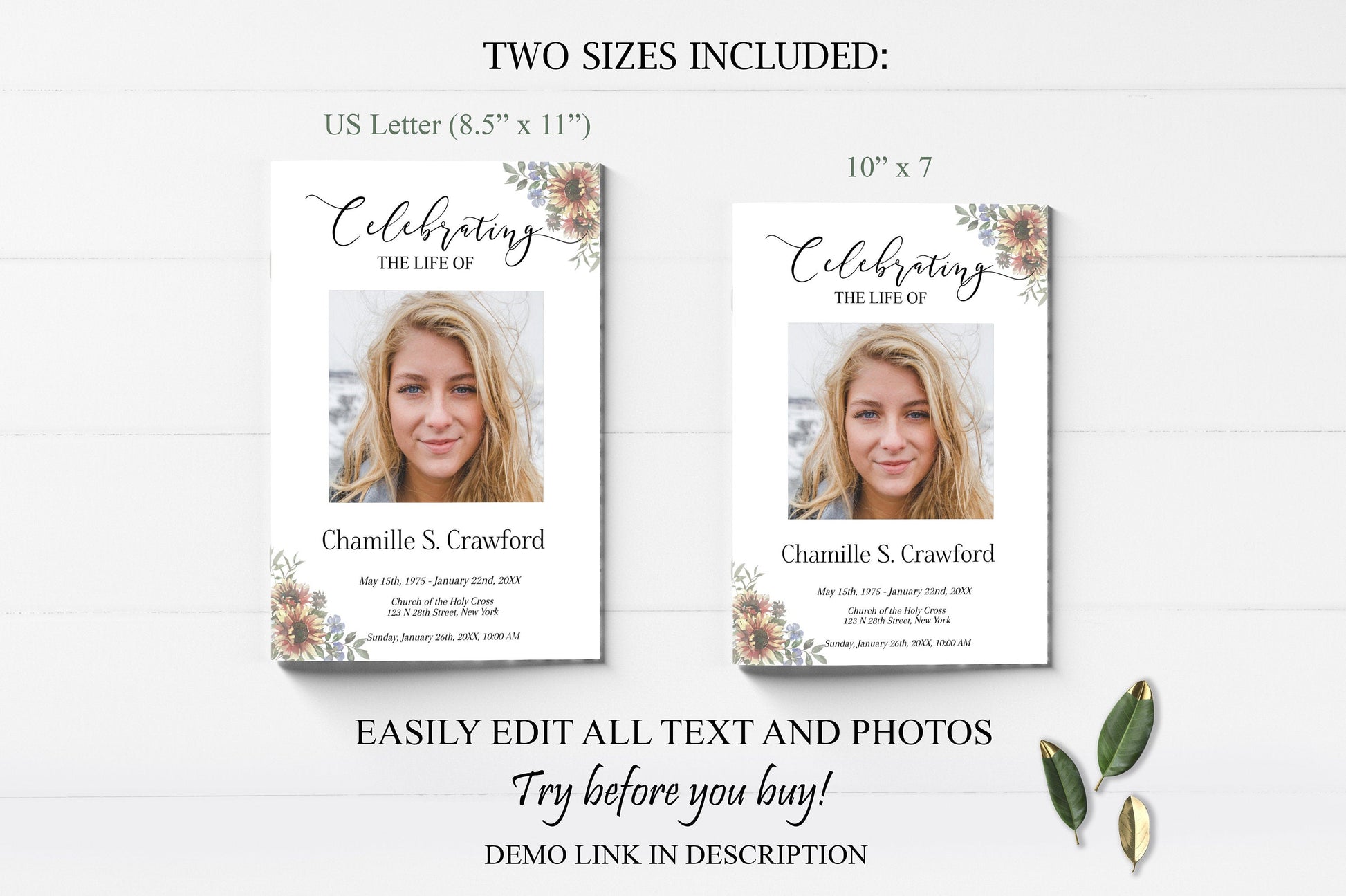 Beautiful Sunflower Funeral Program Template - 8 Page - lovingmemoryprints