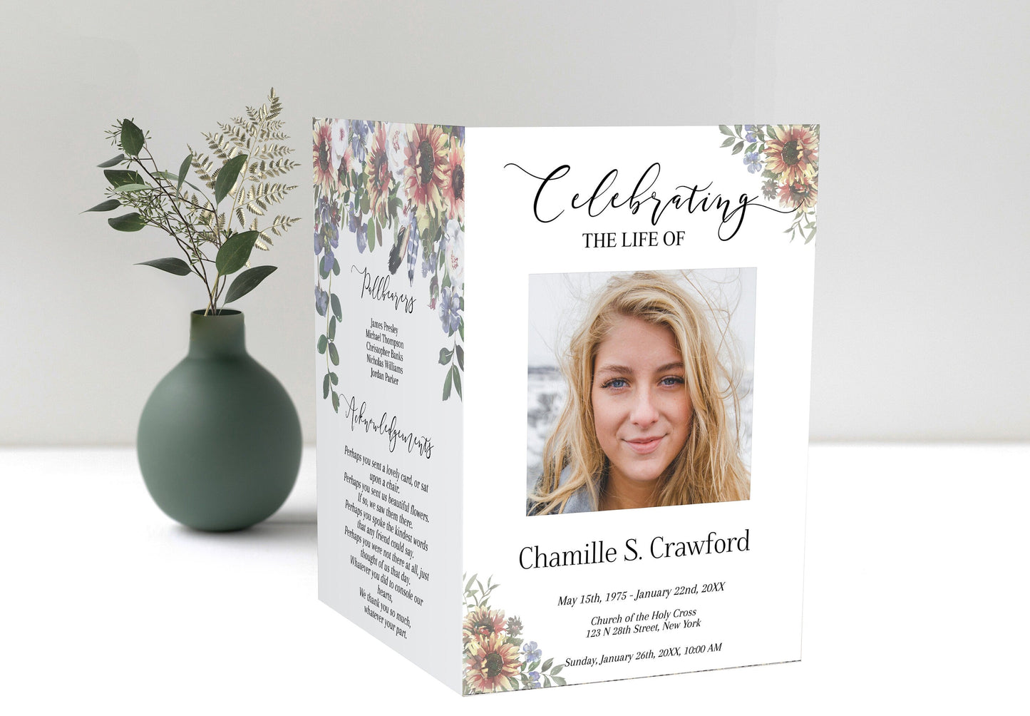 Beautiful Sunflower Funeral Program Template - 8 Page - lovingmemoryprints