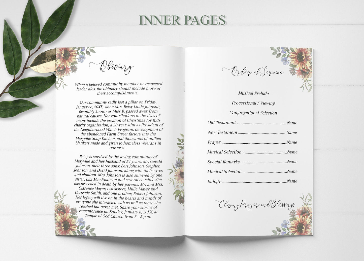 Beautiful Sunflower Funeral Program Template - 8 Page - lovingmemoryprints