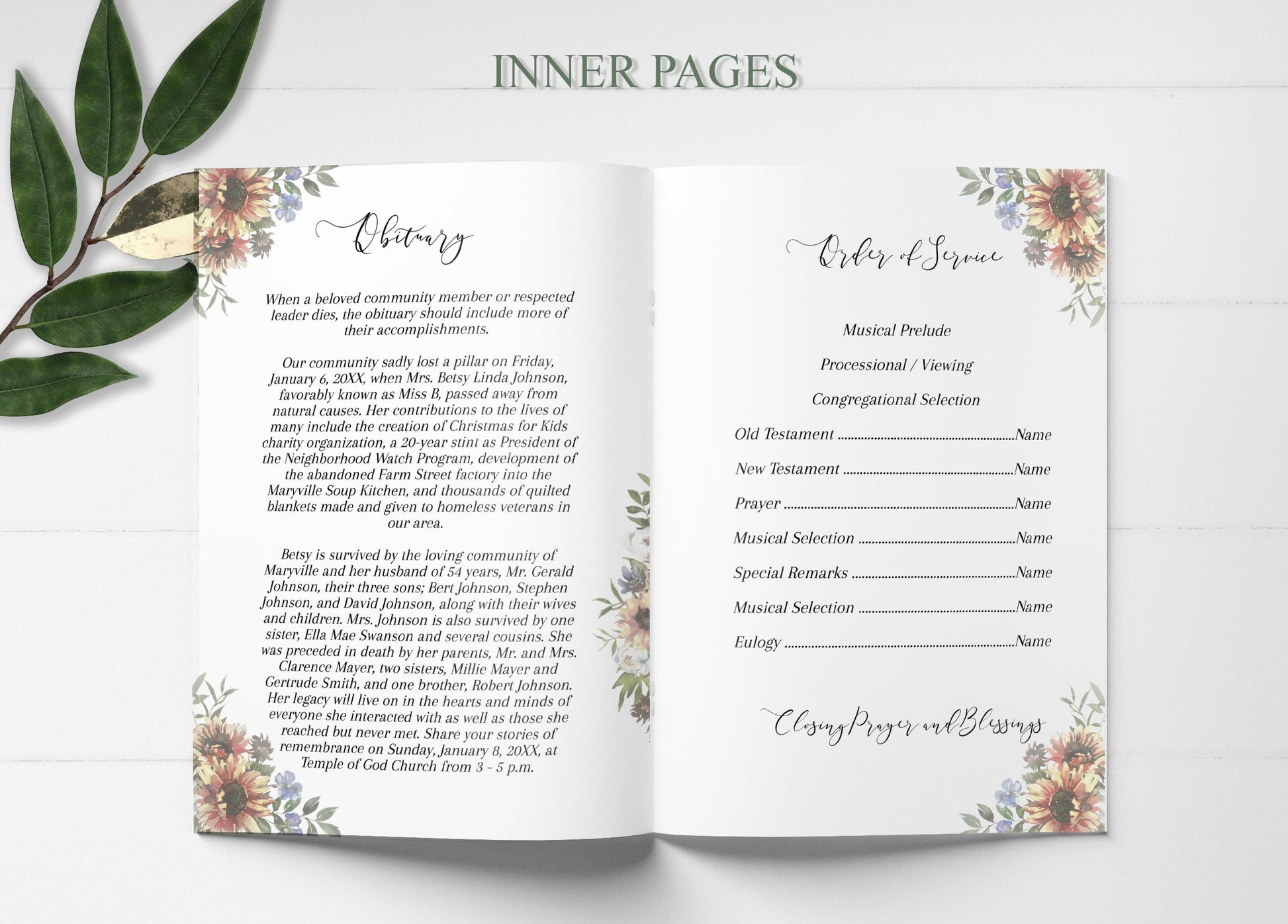 Beautiful Sunflower Funeral Program Template - 8 Page - lovingmemoryprints