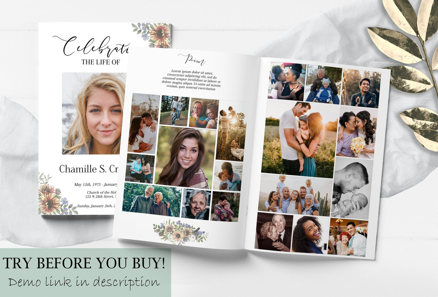 Beautiful Sunflower Funeral Program Template - 8 Page - lovingmemoryprints