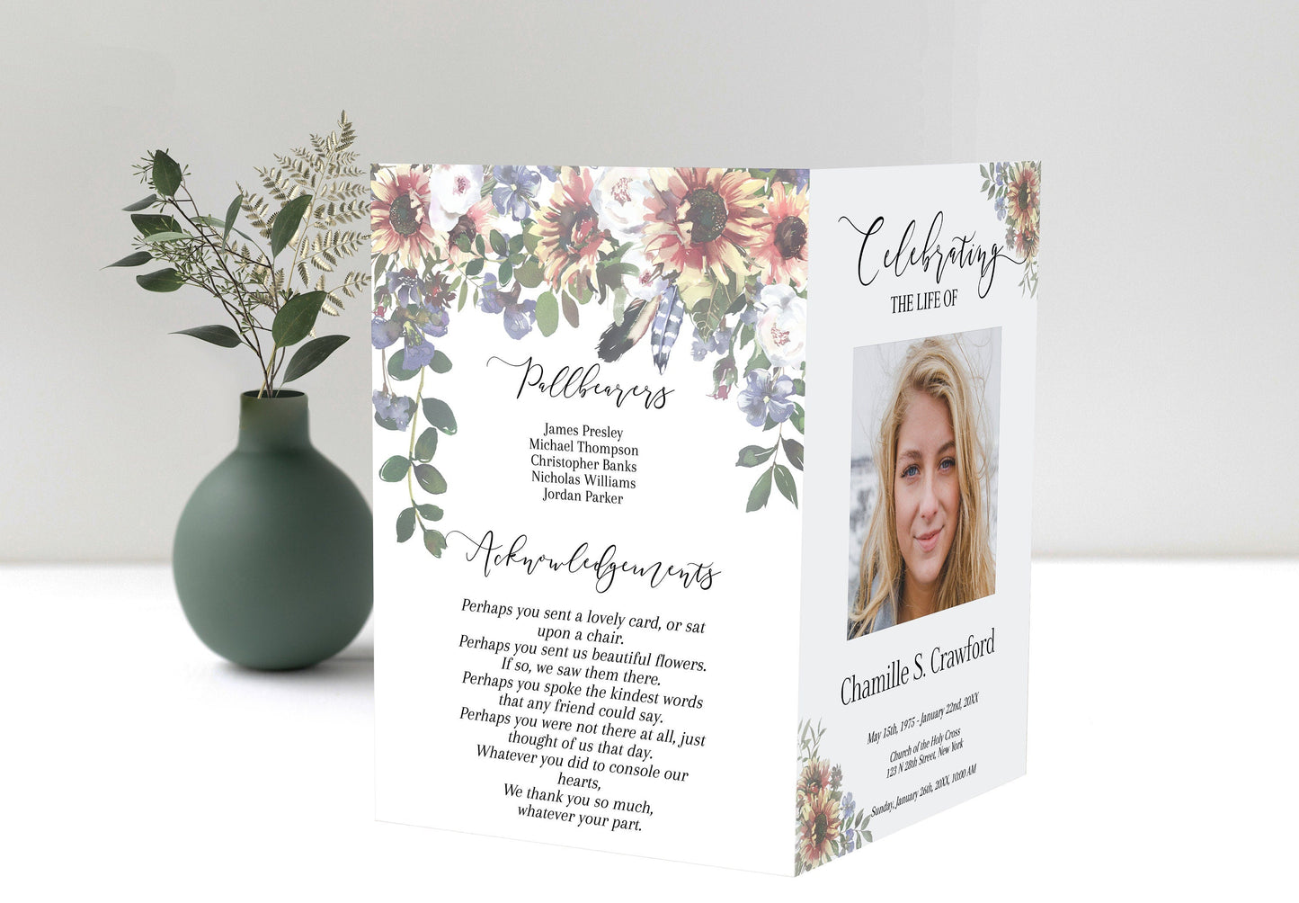 Beautiful Sunflower Funeral Program Template - 8 Page - lovingmemoryprints