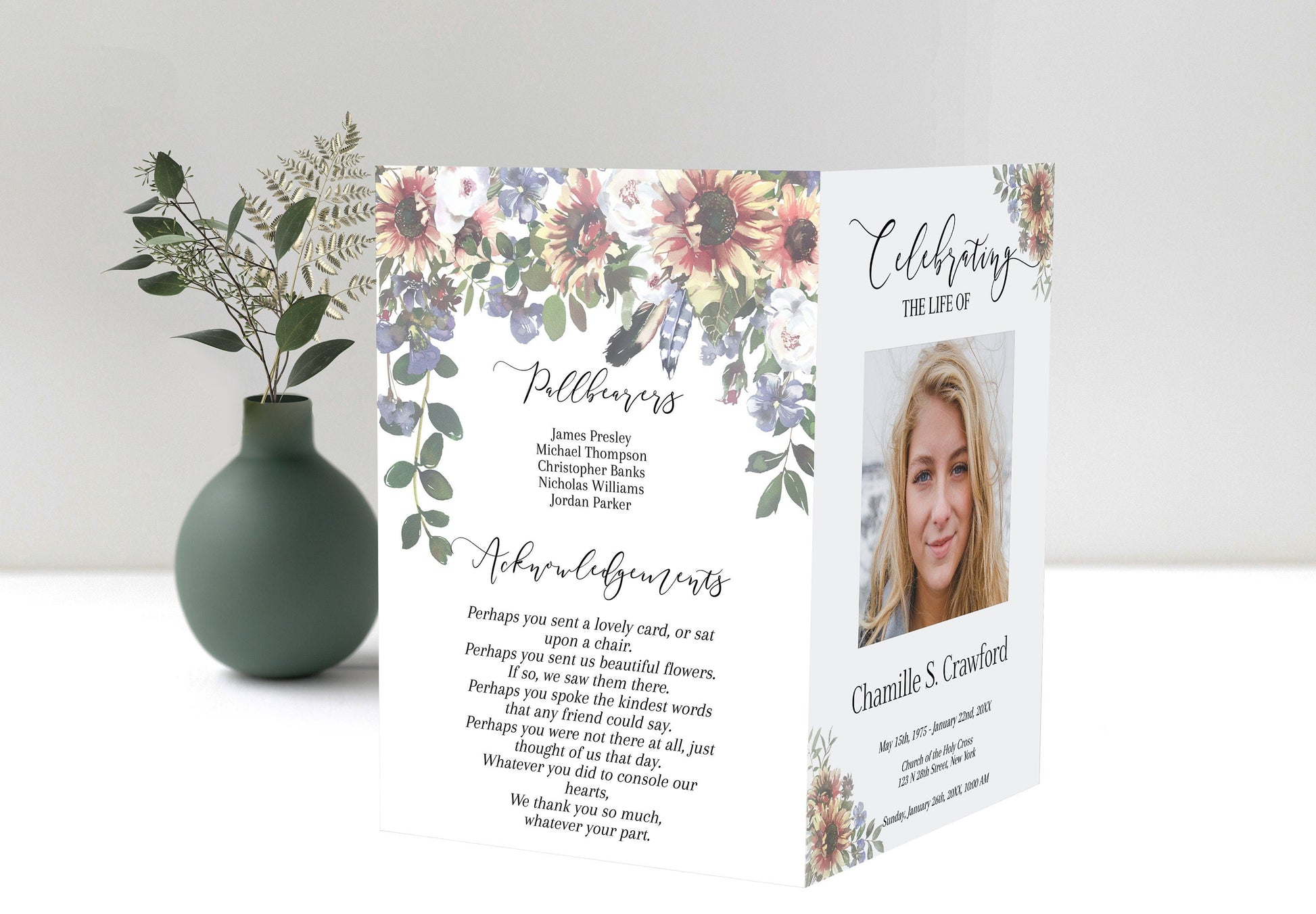 Beautiful Sunflower Funeral Program Template - 8 Page - lovingmemoryprints