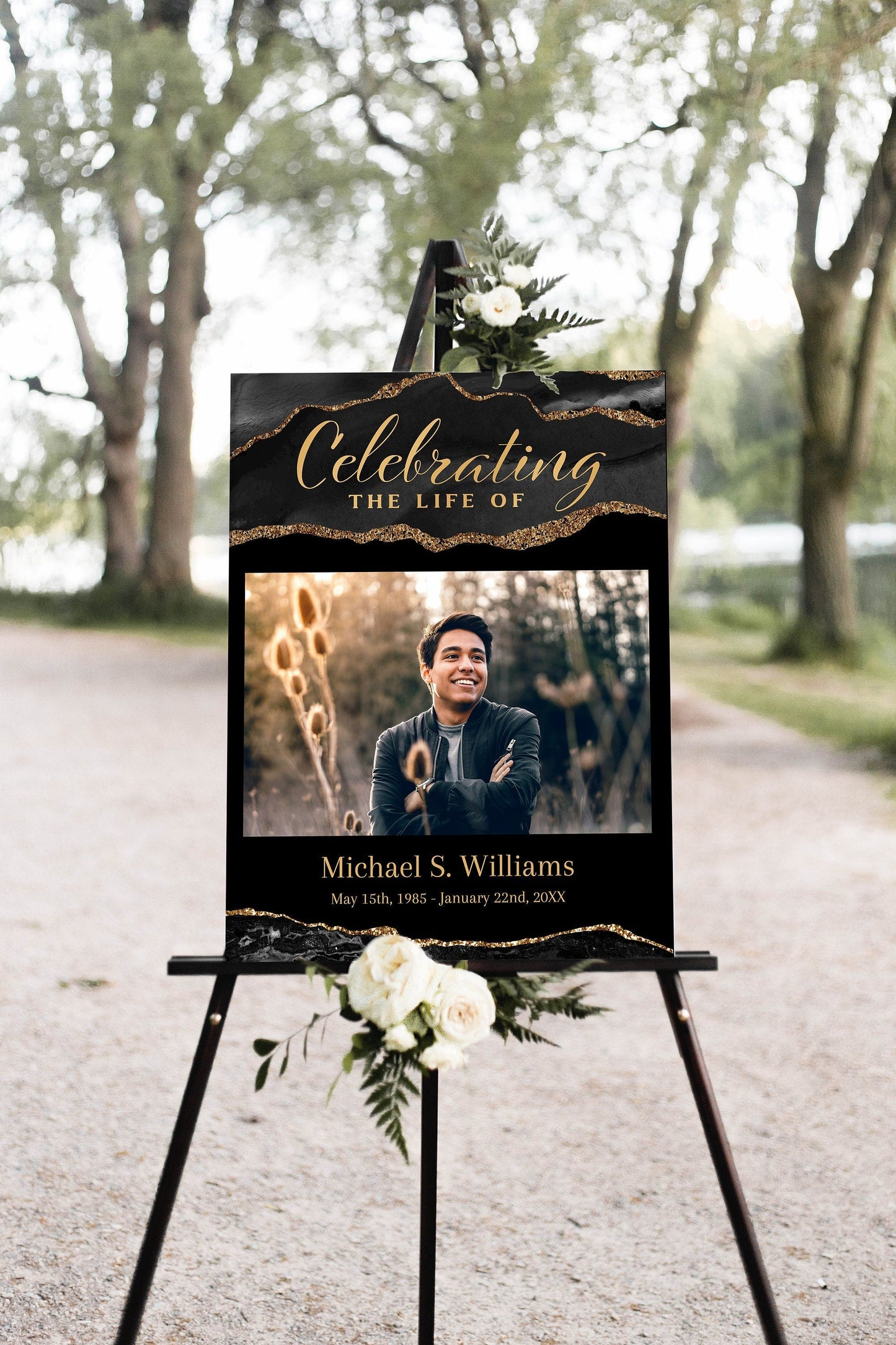Black and Gold Agate Editable Celebration Of Life Poster Template - lovingmemoryprints