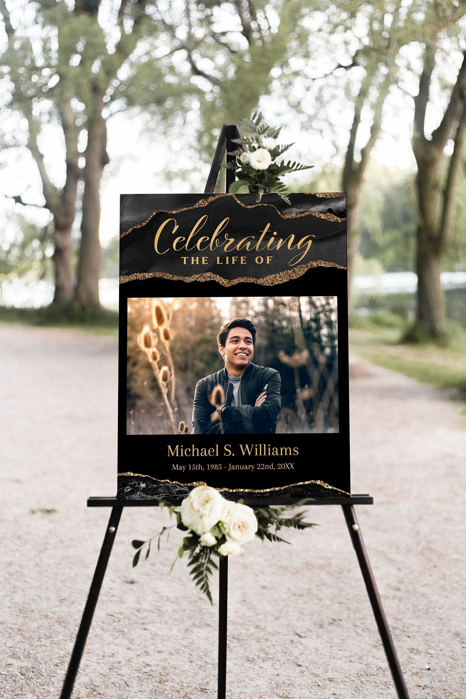 Black and Gold Agate Editable Celebration Of Life Poster Template - lovingmemoryprints