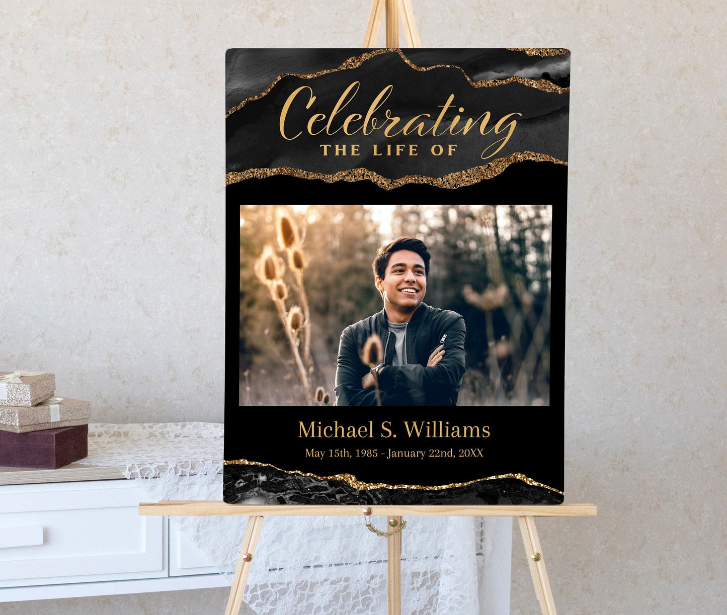 Black and Gold Agate Editable Celebration Of Life Poster Template - lovingmemoryprints