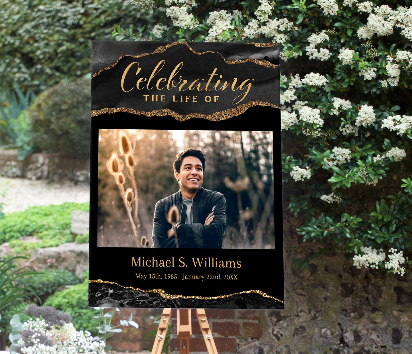 Black and Gold Agate Editable Celebration Of Life Poster Template - lovingmemoryprints