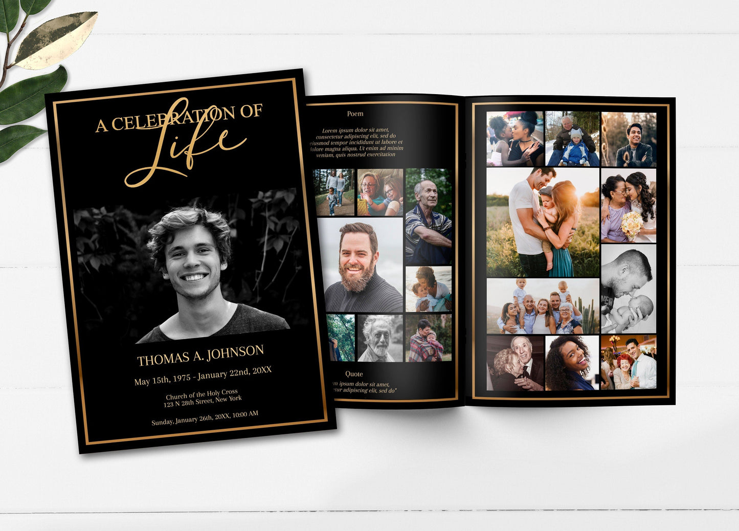 Black and Gold Funeral Program Editable 8 Page - lovingmemoryprints