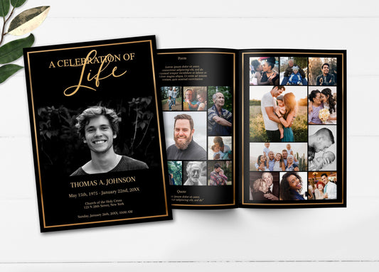 Black and Gold Funeral Program Editable 8 Page - lovingmemoryprints