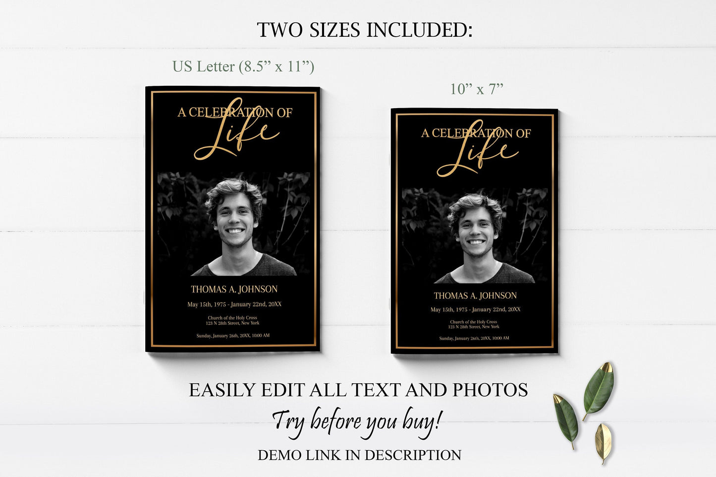 Black and Gold Funeral Program Editable 8 Page - lovingmemoryprints