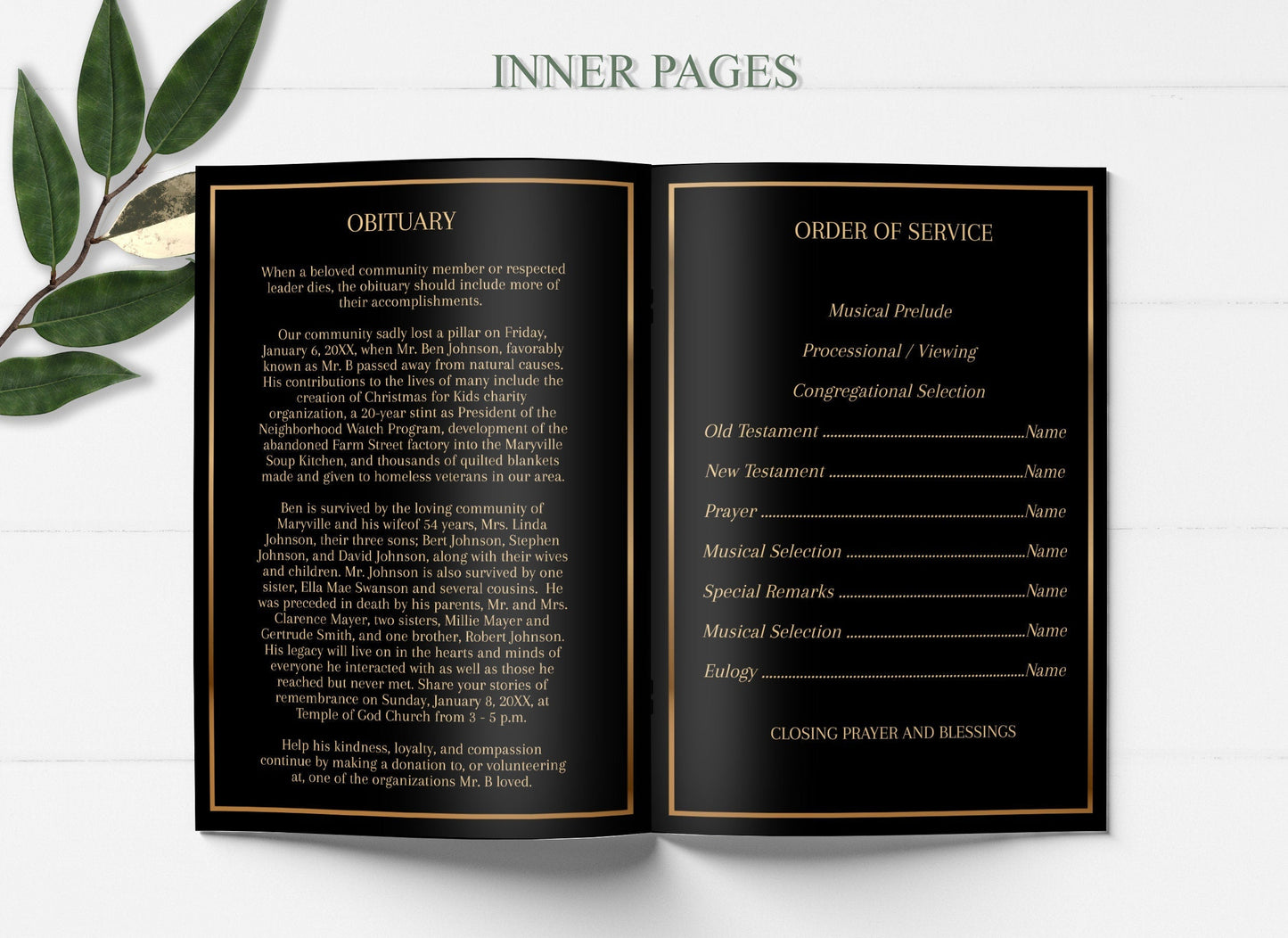 Black and Gold Funeral Program Editable 8 Page - lovingmemoryprints