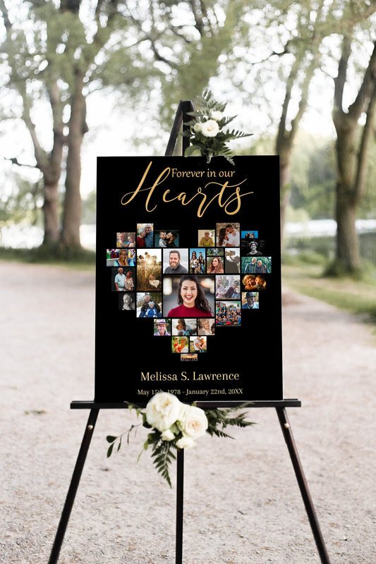Black and Gold Funeral Service Poster Photo Collage Heart Shape Template - lovingmemoryprints