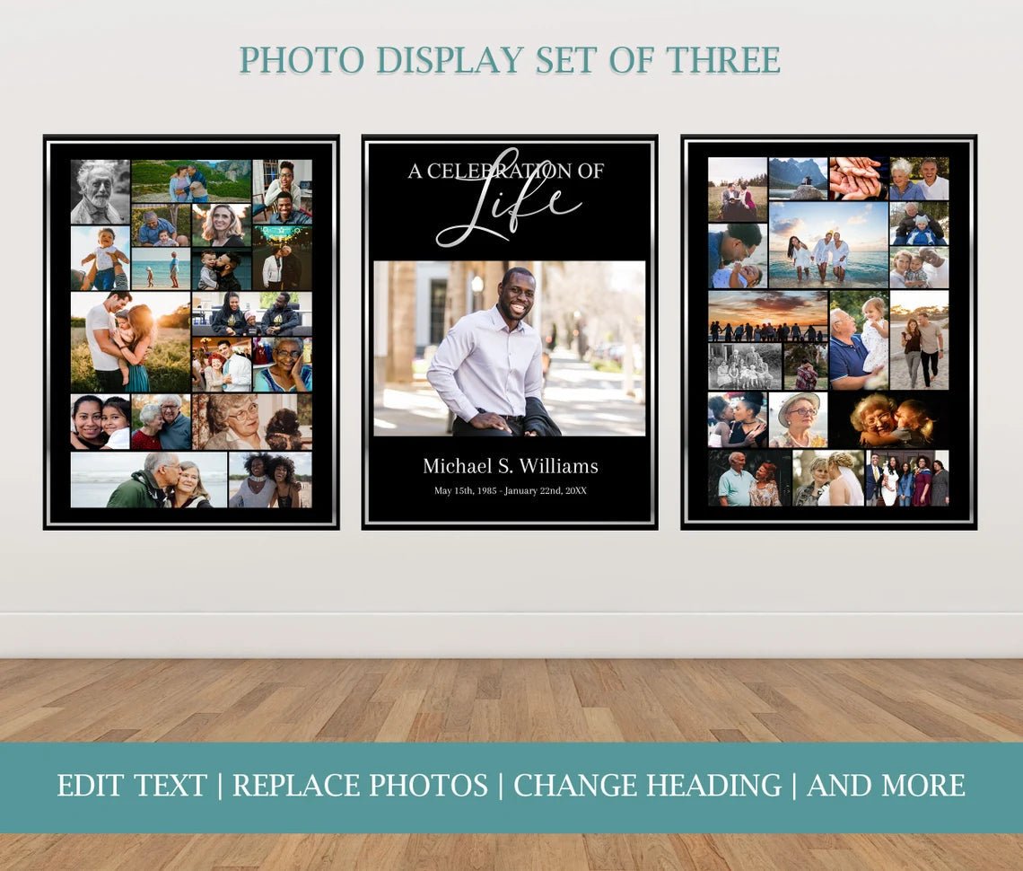 Black and Silver Funeral Photo Display - Set of 3 - lovingmemoryprints