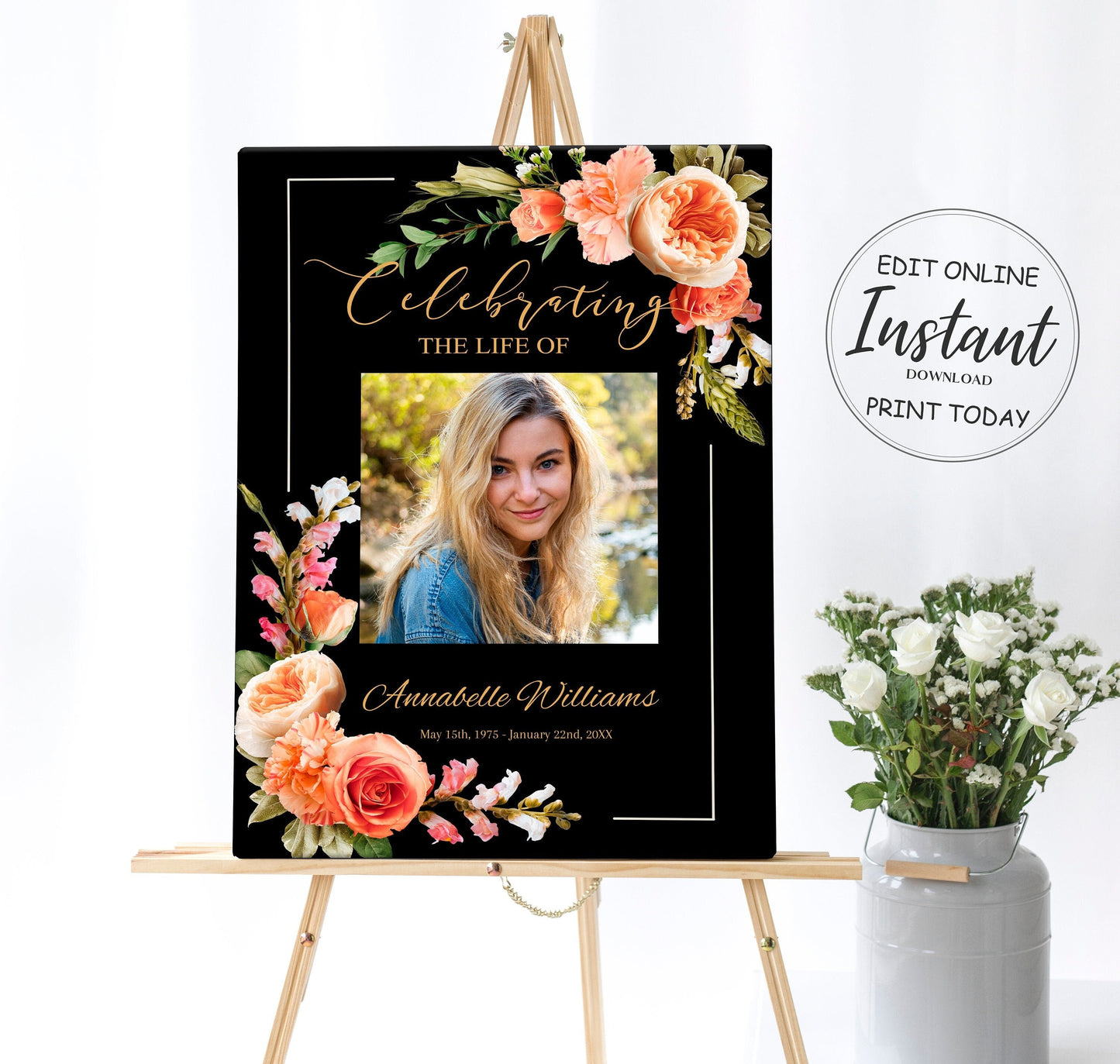 Black & Gold Funeral Poster Template - lovingmemoryprints