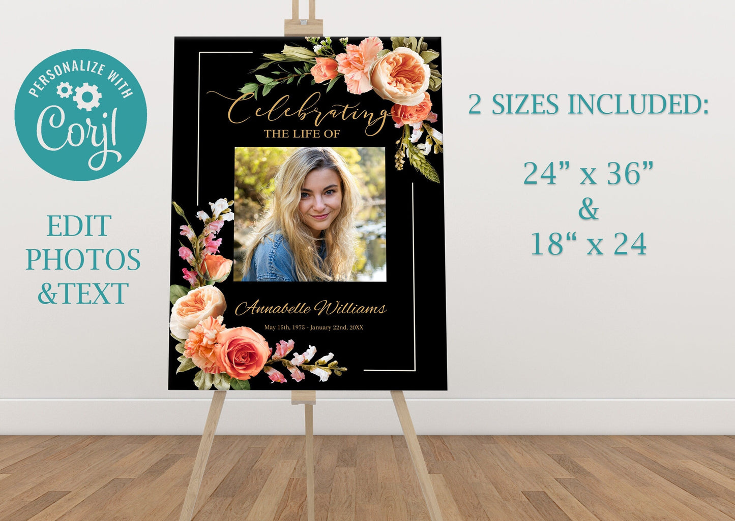 Black & Gold Funeral Poster Template - lovingmemoryprints