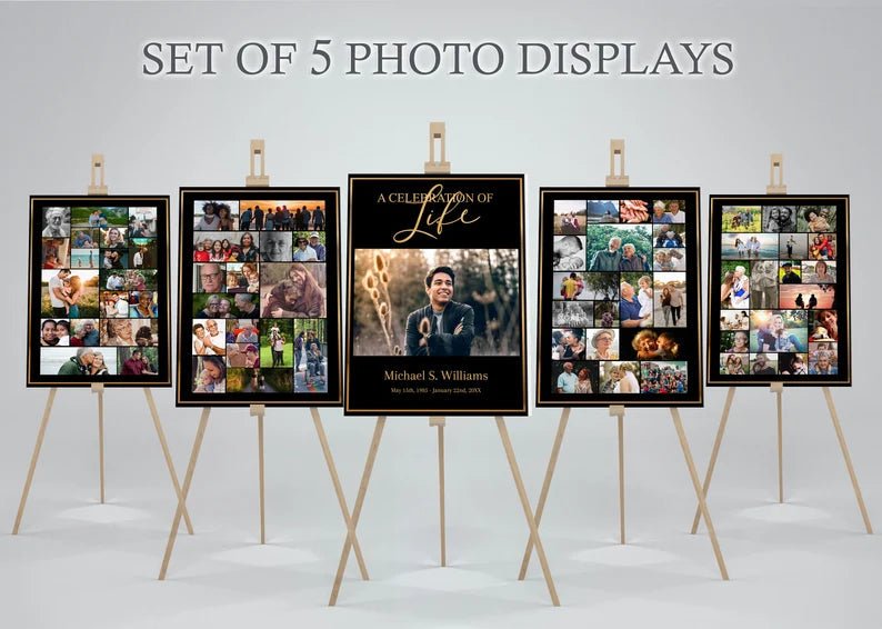 Black & Gold Theme Funeral Poster Display - Set of 5 - lovingmemoryprints