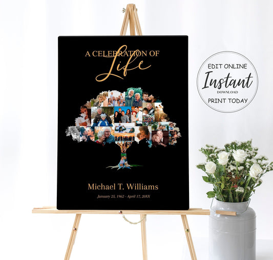 Black & Gold Tree Of Life Funeral Photo Display Welcome Sign - lovingmemoryprints
