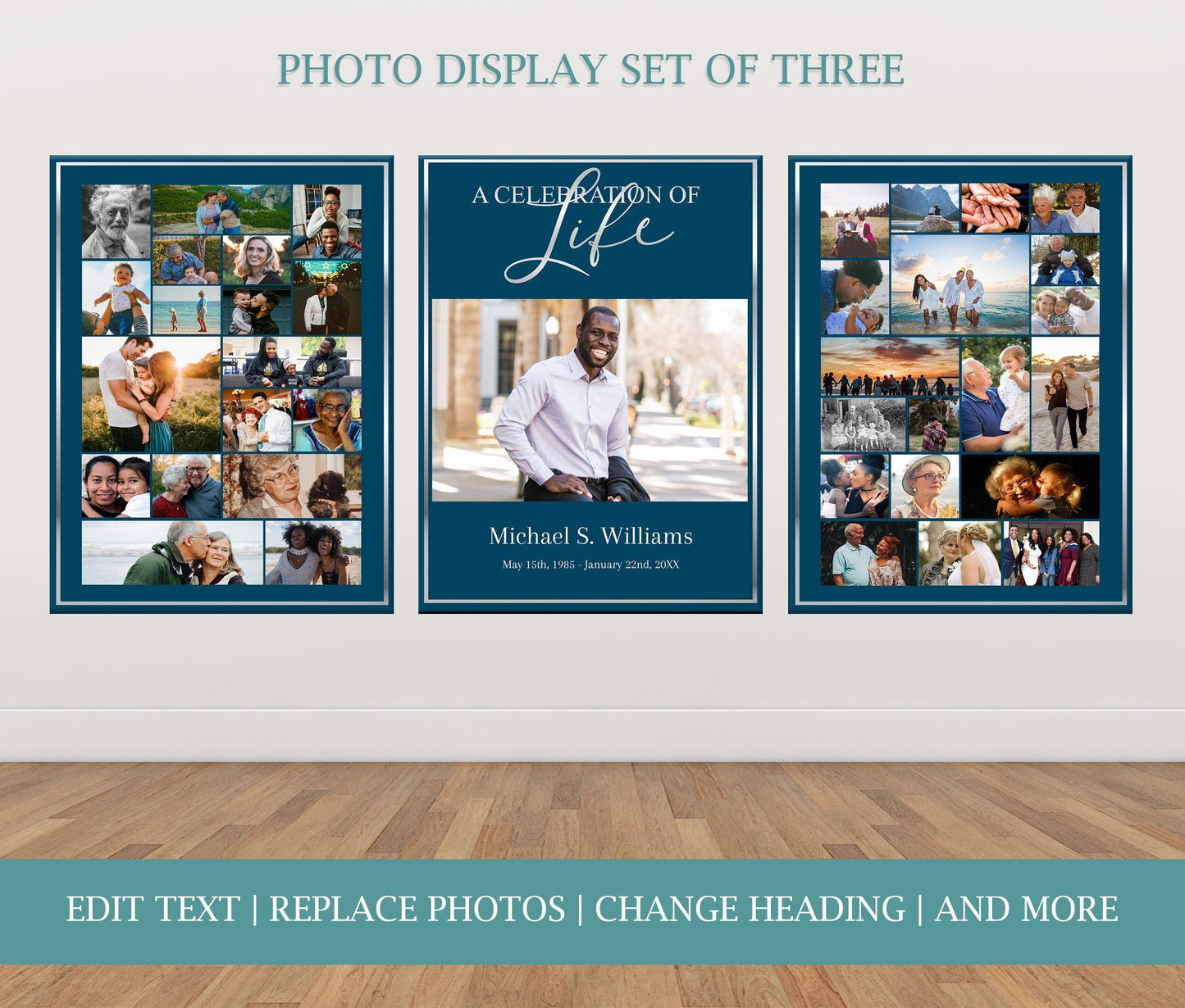 Blue and Silver Funeral Poster Photo Display - Set of 3 - lovingmemoryprints