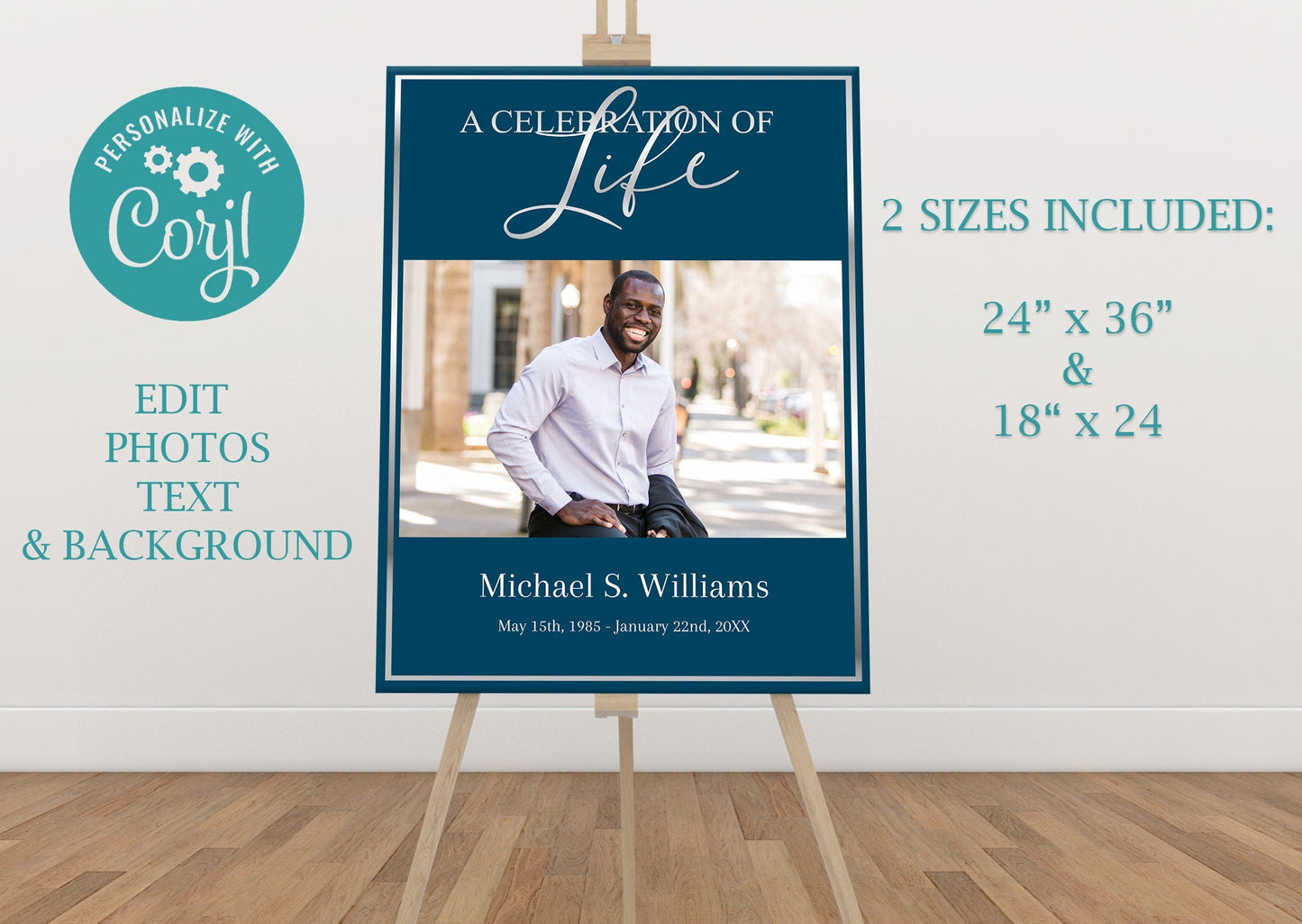 Blue and Silver Funeral Poster Photo Display - Set of 3 - lovingmemoryprints