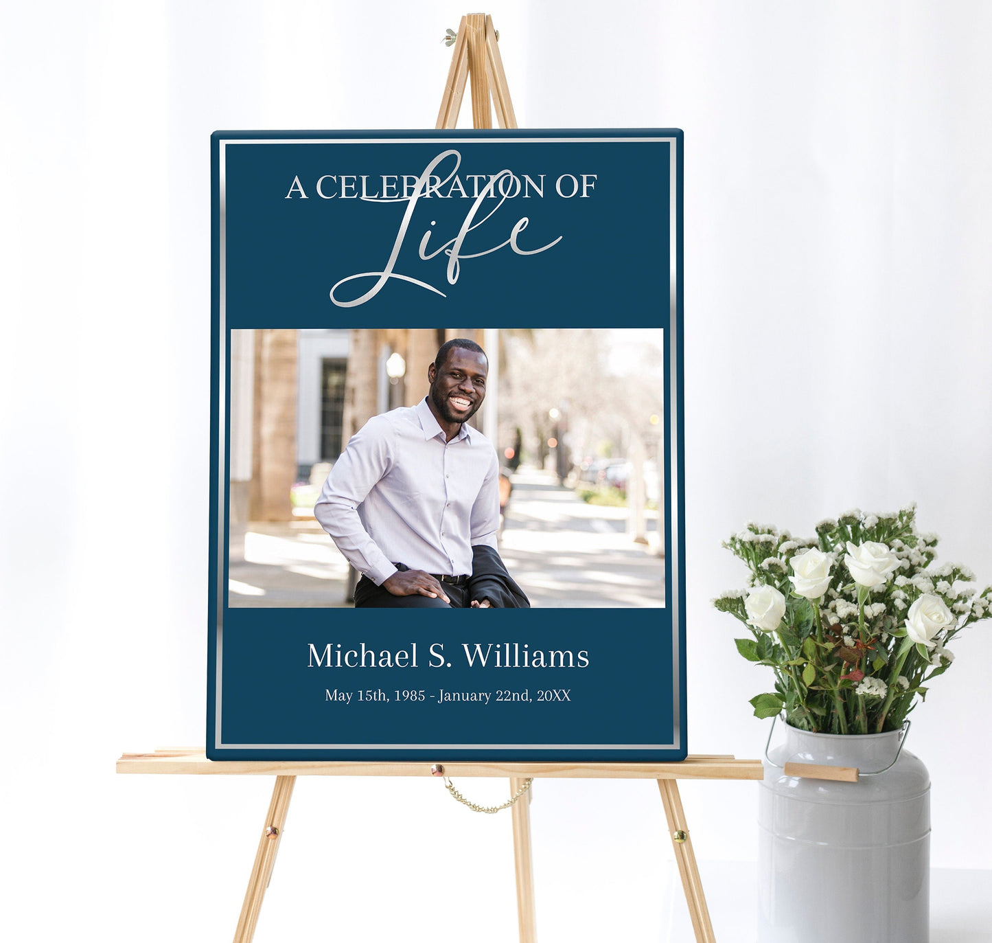 Blue and Silver Funeral Poster Photo Display - Set of 3 - lovingmemoryprints