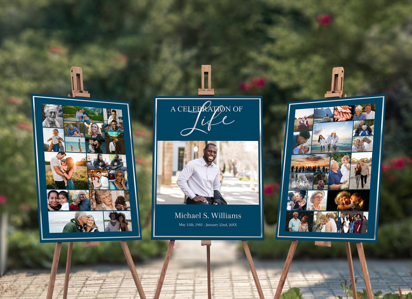 Blue and Silver Funeral Poster Photo Display - Set of 3 - lovingmemoryprints