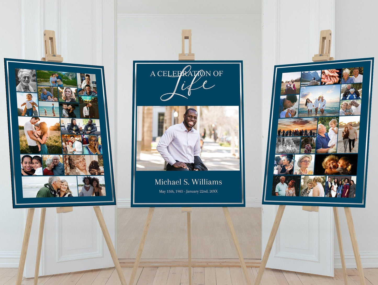 Blue and Silver Funeral Poster Photo Display - Set of 3 - lovingmemoryprints