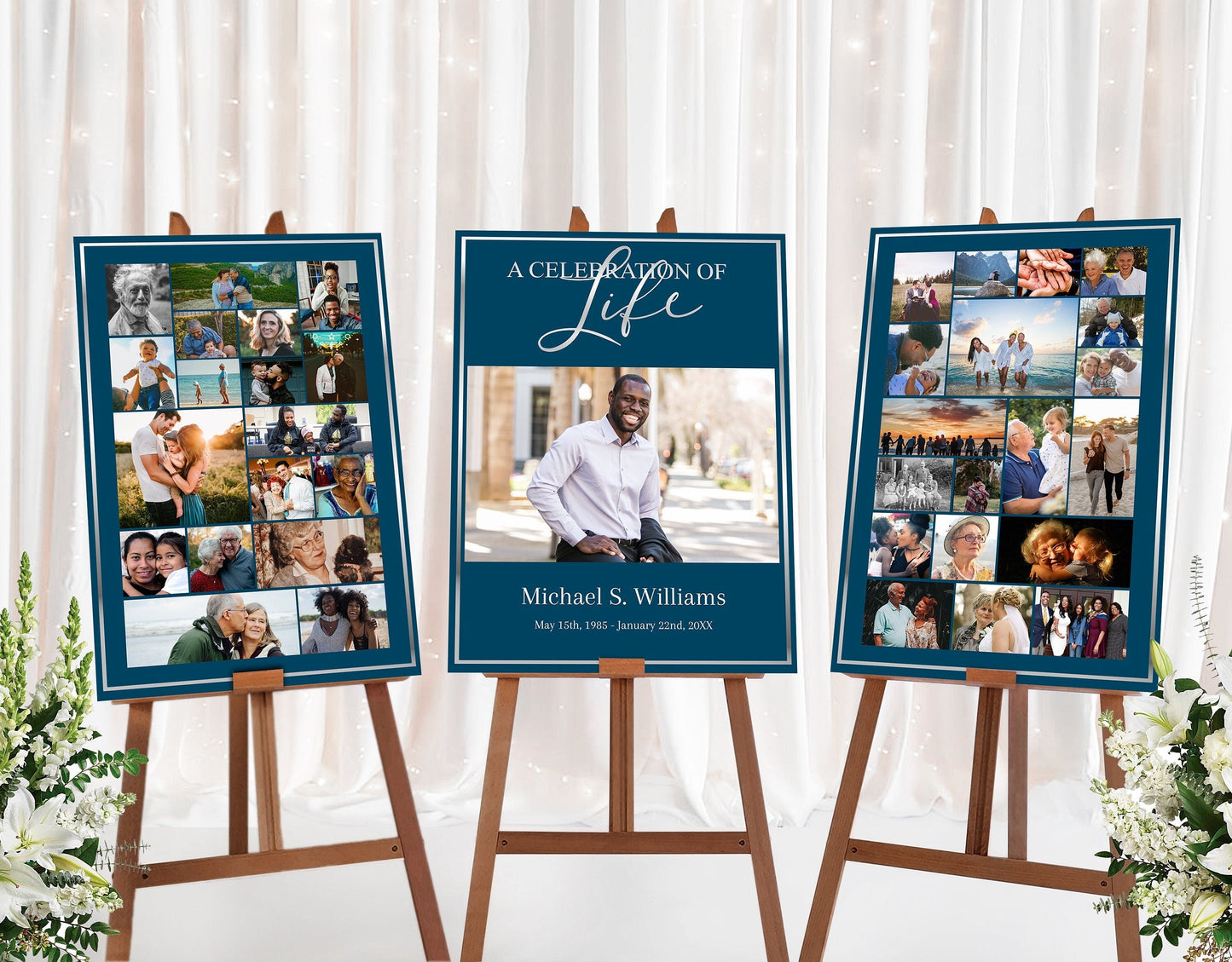 Blue and Silver Funeral Poster Photo Display - Set of 3 - lovingmemoryprints