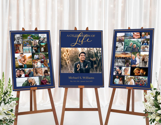 Blue Background Gold Text Funeral Poster Template - Set of 3 - lovingmemoryprints