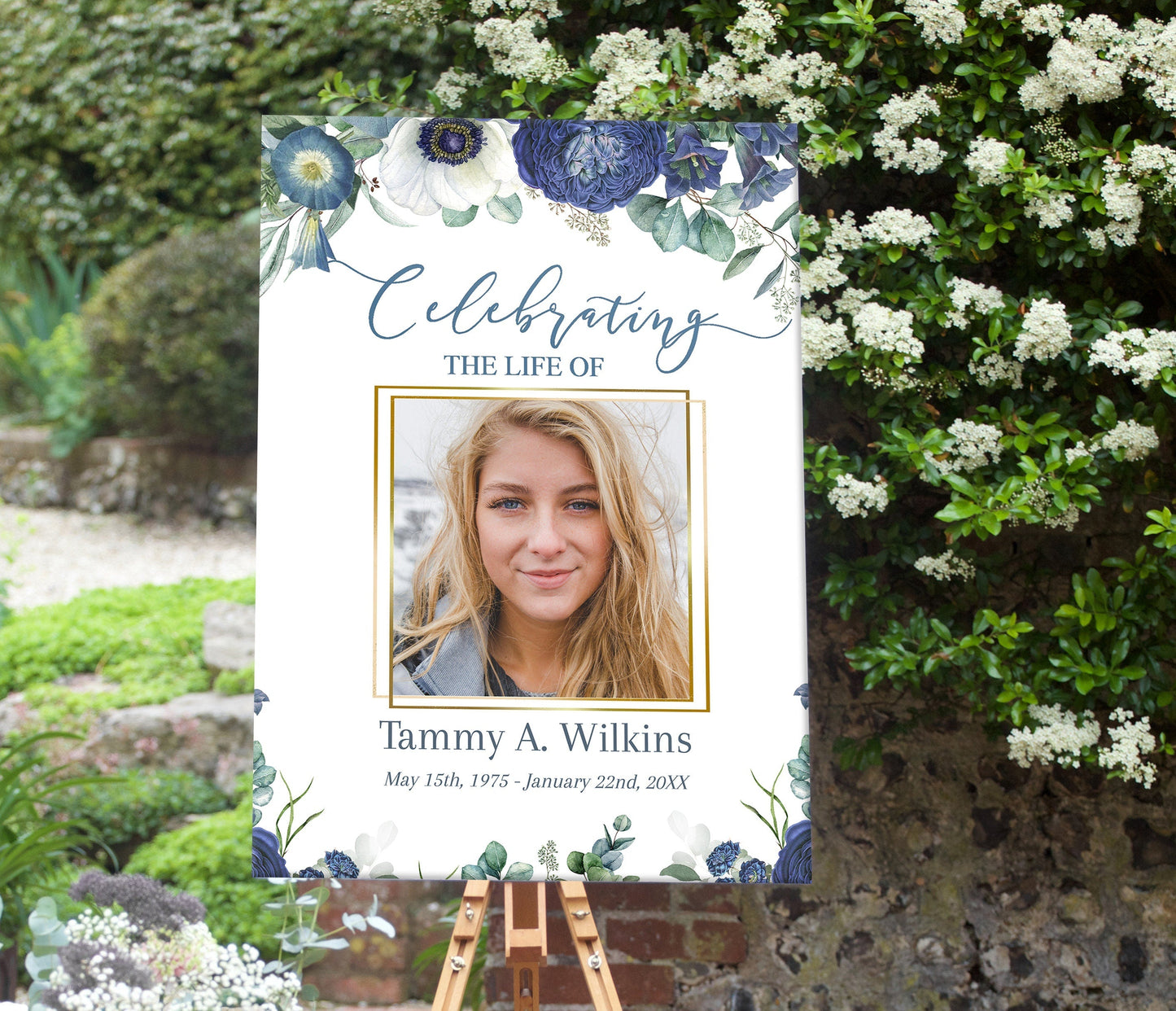 Blue Floral Funeral Poster Template - lovingmemoryprints
