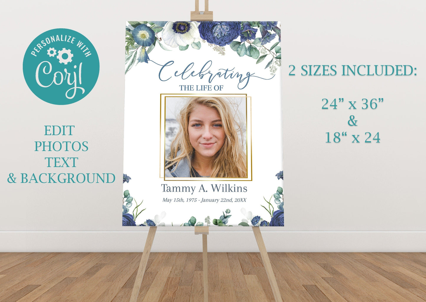 Blue Floral Funeral Poster Template - lovingmemoryprints