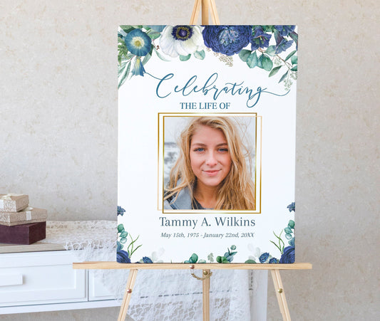 Blue Floral Funeral Poster Template - lovingmemoryprints