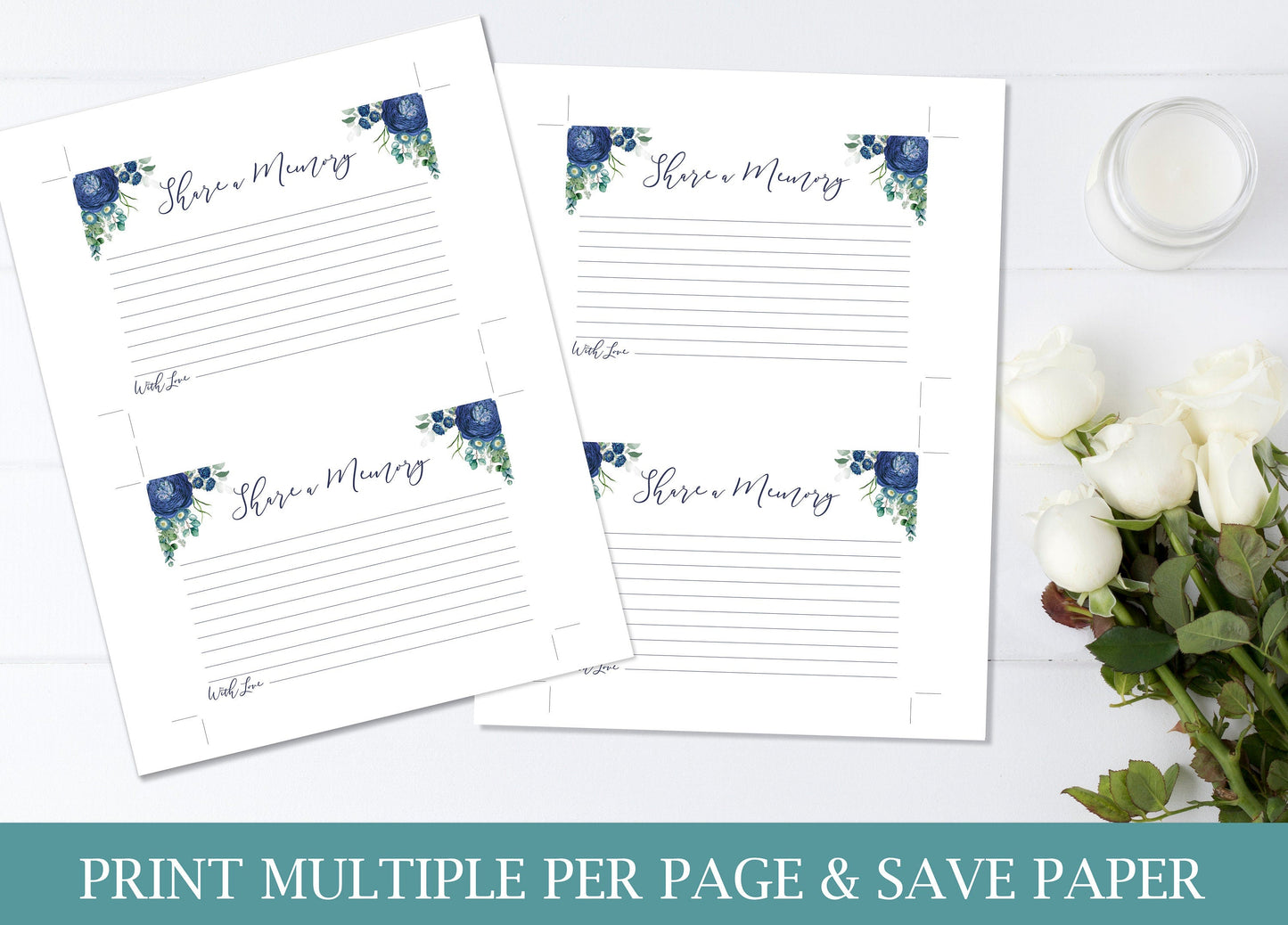 Blue Floral Share a Memory Sign and Cards for Funeral | Navy Blue Flowers Memorial Keepsake | Navy Blue Celebration of Life Favors | B120 - lovingmemoryprints