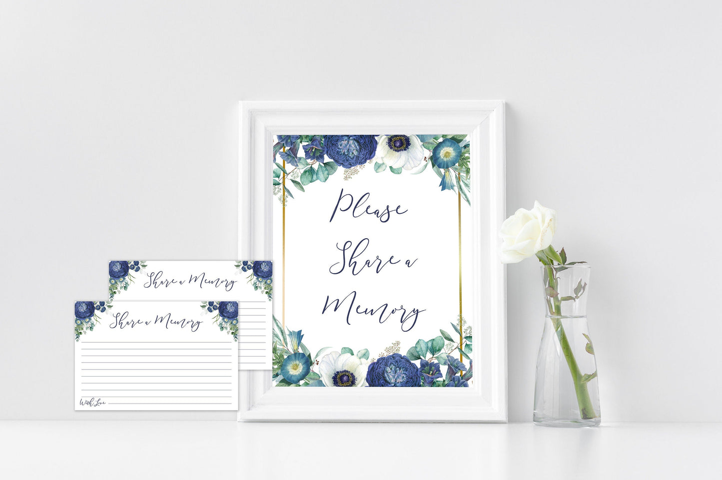 Blue Floral Share a Memory Sign and Cards for Funeral | Navy Blue Flowers Memorial Keepsake | Navy Blue Celebration of Life Favors | B120 - lovingmemoryprints