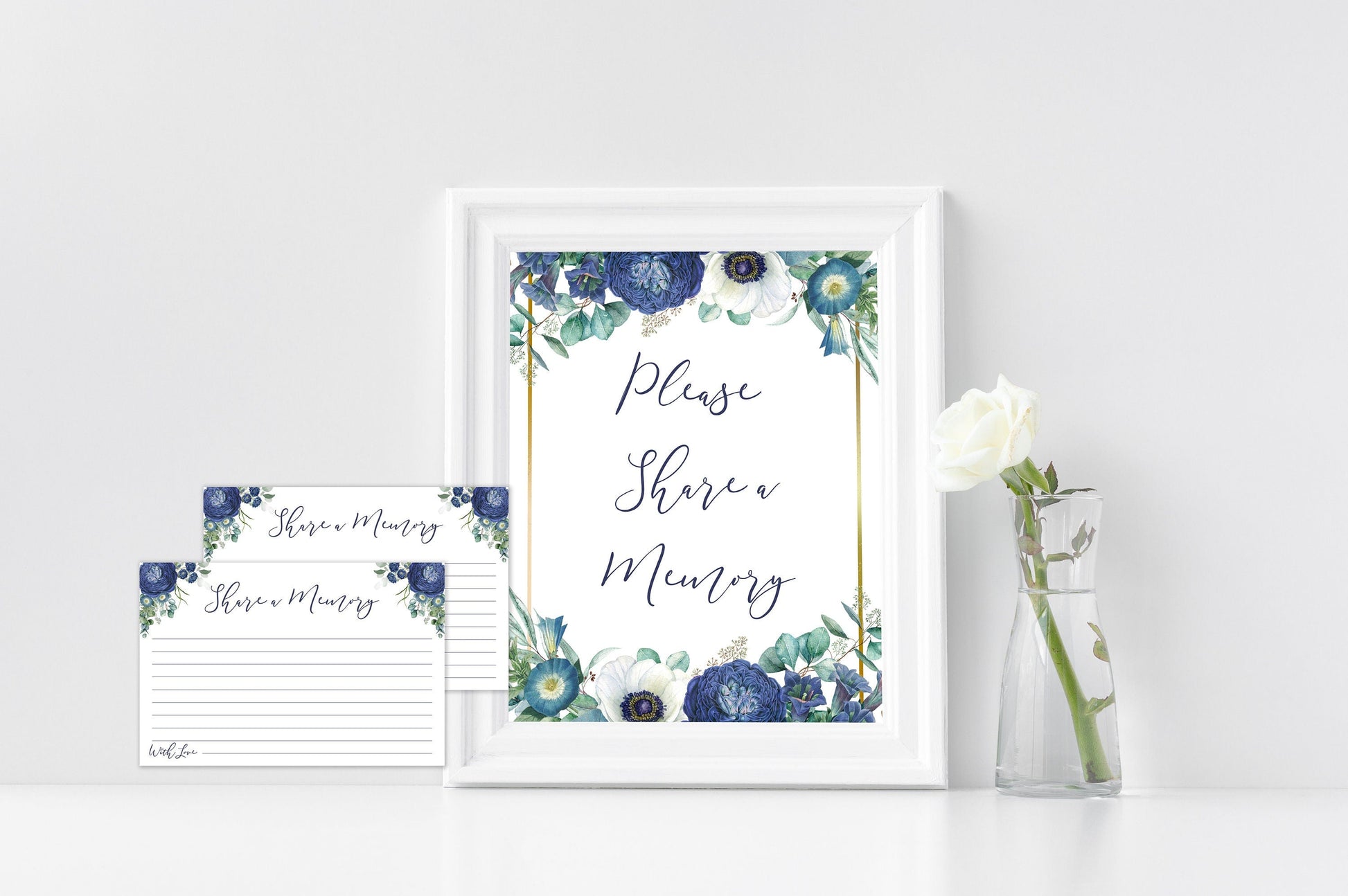 Blue Floral Share a Memory Sign and Cards for Funeral | Navy Blue Flowers Memorial Keepsake | Navy Blue Celebration of Life Favors | B120 - lovingmemoryprints